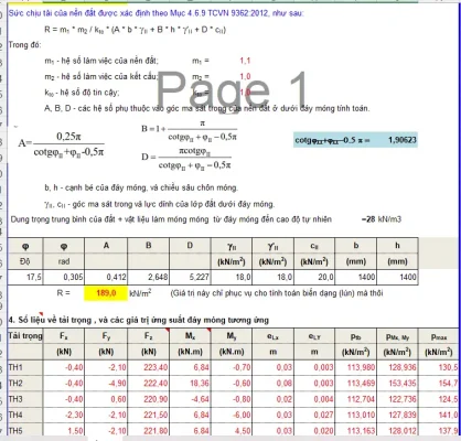 Excel tính Toán Móng Nông